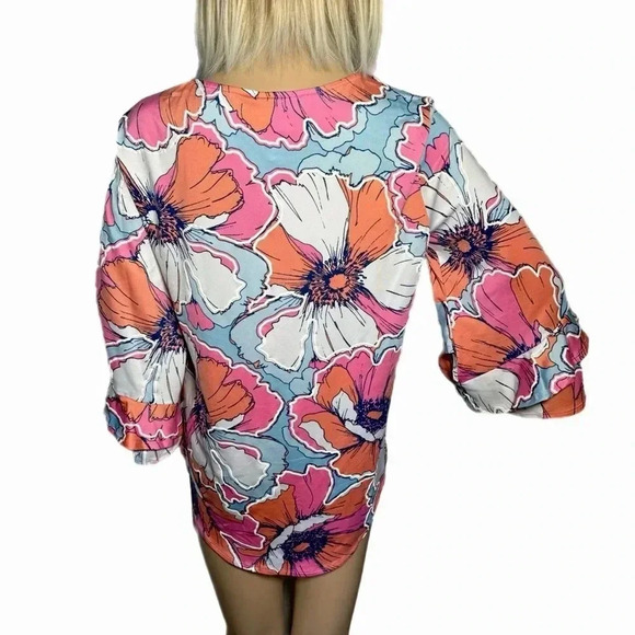 RUBY RD Pink Tropical Floral Blouse 3/4 Flutter Sleeve Size Small Top New - Picture 6 of 13